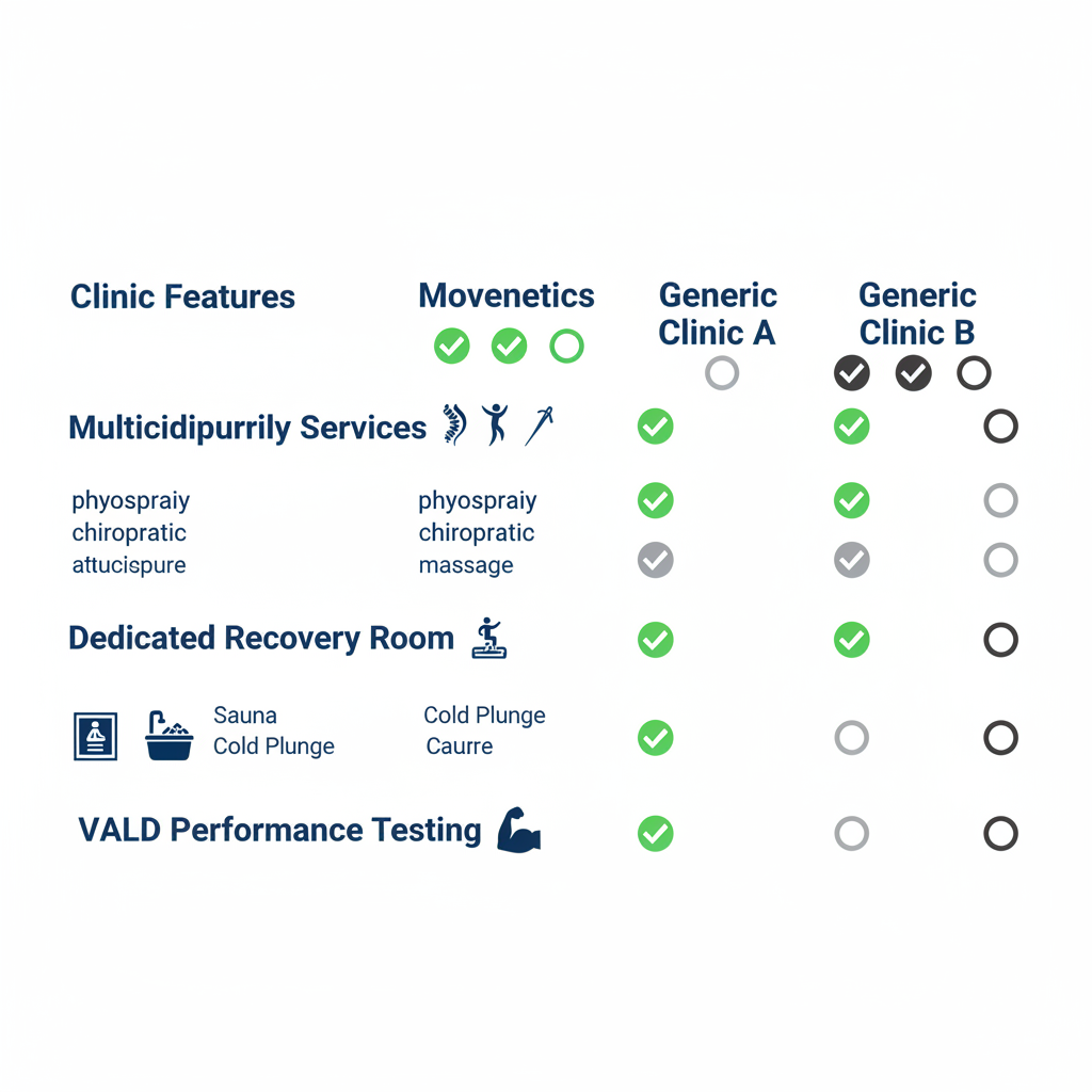 Infographic table comparing WCB physiotherapy services at Movenetics and other Edmonton clinics, showing advantages in multidisciplinary care, recovery room, and performance testing.