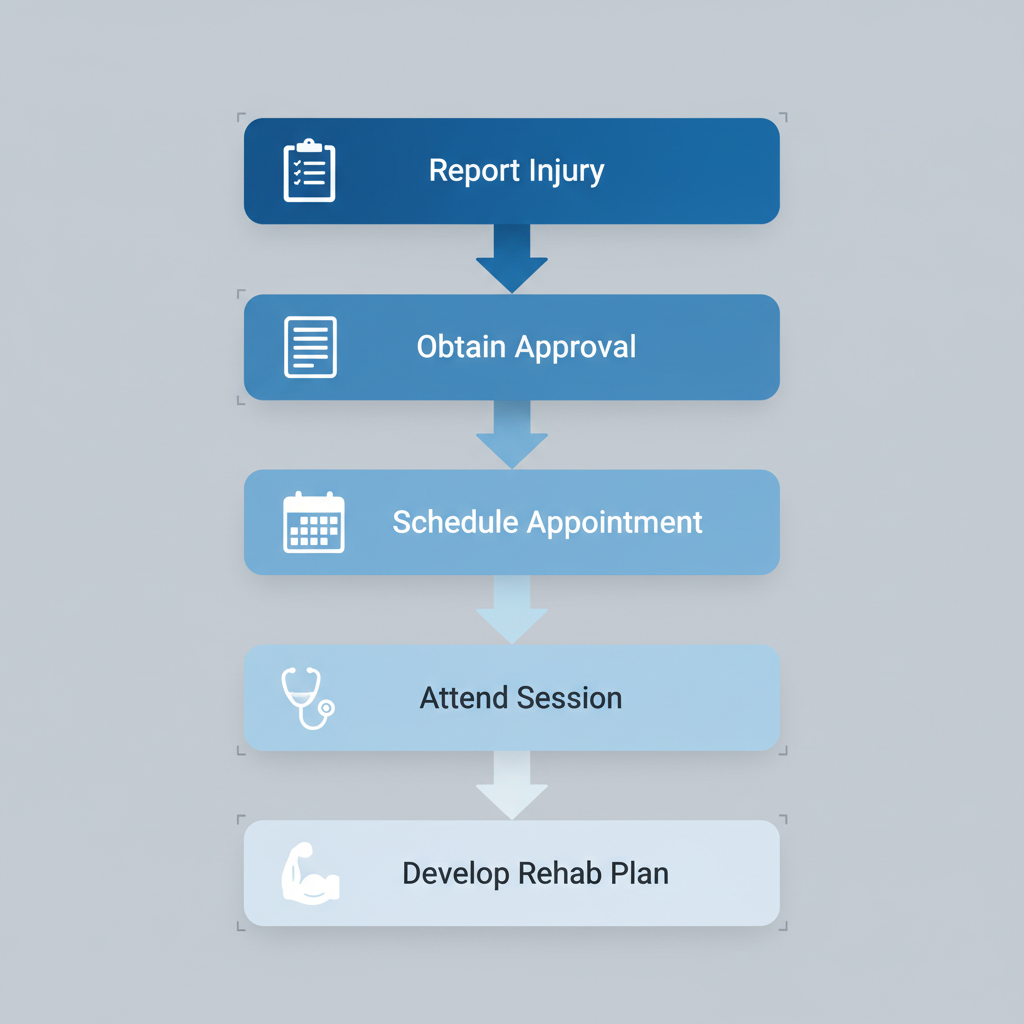 Vertical process flow diagram illustrating the five key steps to start WCB physiotherapy in Edmonton, from reporting injury to developing a rehab plan.