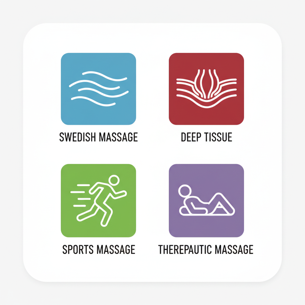 Grid of icons showing Swedish, deep tissue, sports, and therapeutic massage types in modern flat style.