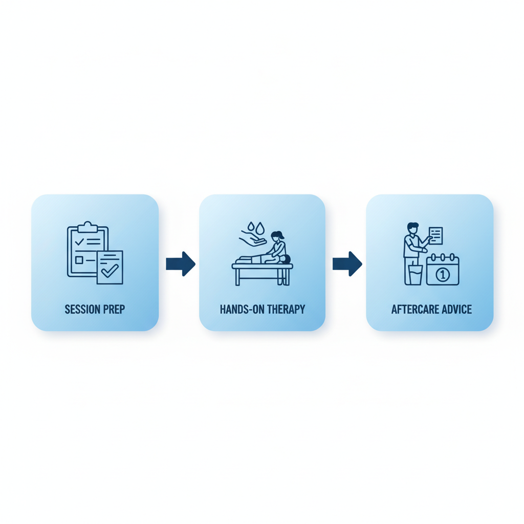 Horizontal process flow diagram showing three stages of massage therapy: preparation, treatment, and aftercare at Movenetics Physiotherapy.