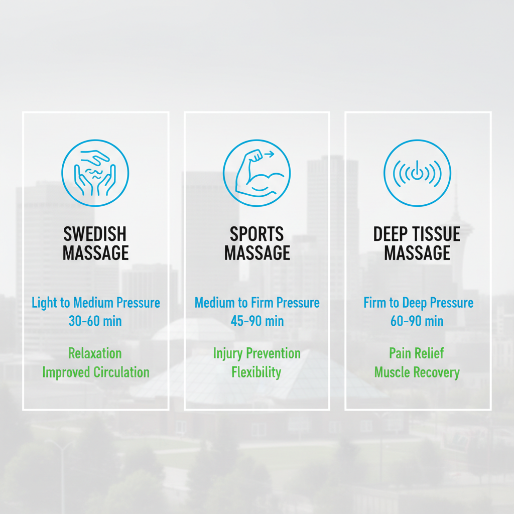 Infographic comparing Swedish, sports, and deep tissue massage therapies in Edmonton with icons and benefits