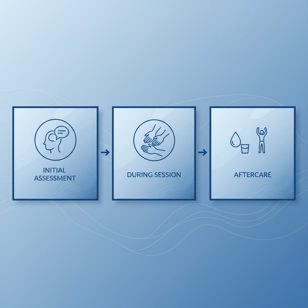 Horizontal process flow diagram of three stages in a massage therapy session: initial assessment with consultation, during session with hands-on techniques, and aftercare with hydration and stretching.