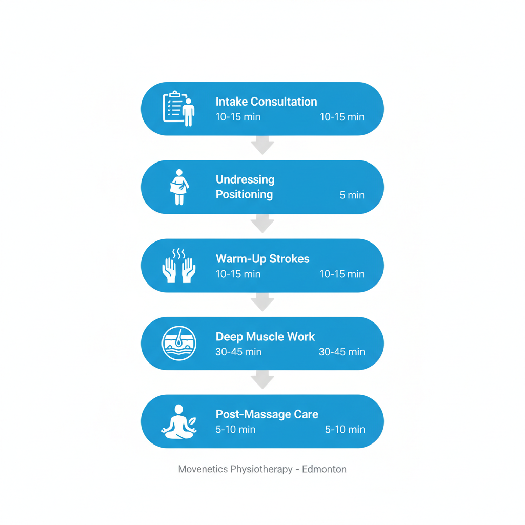 Vertical process flow diagram illustrating steps of deep tissue massage session at Movenetics: intake, positioning, warm-up, deep work, and post-care with icons and time estimates.