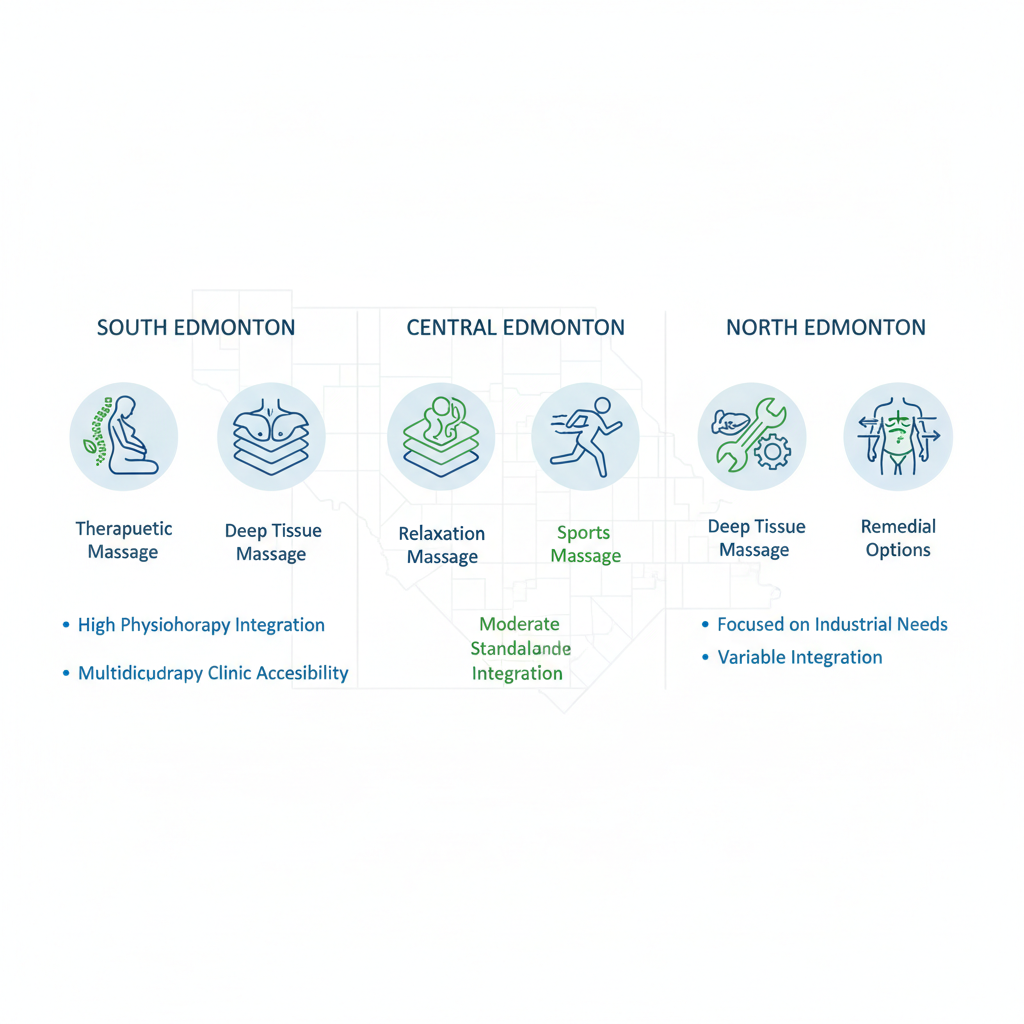 Infographic comparing massage therapy options in South, Central, and North Edmonton areas highlighting integration with physiotherapy