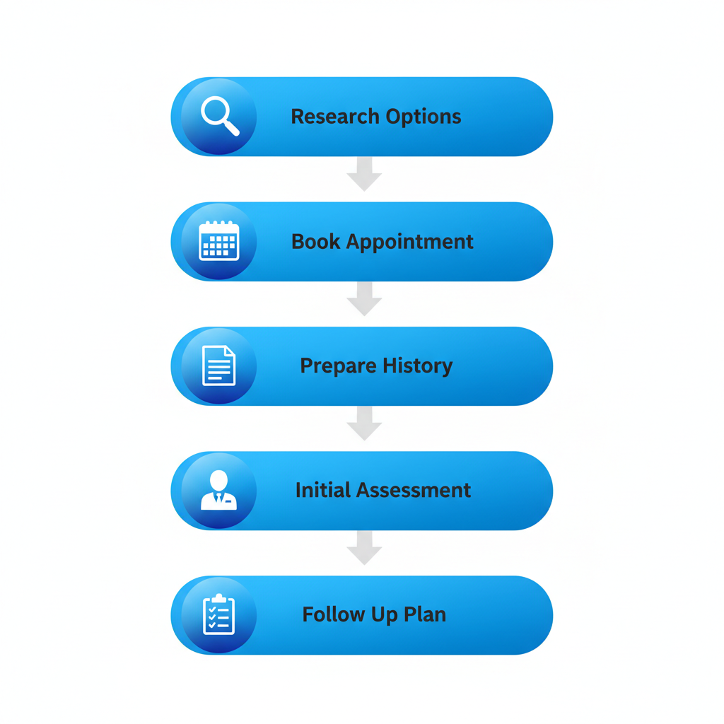 Vertical process flow diagram showing five steps to start massage therapy at Movenetics in South Edmonton with icons and labels.