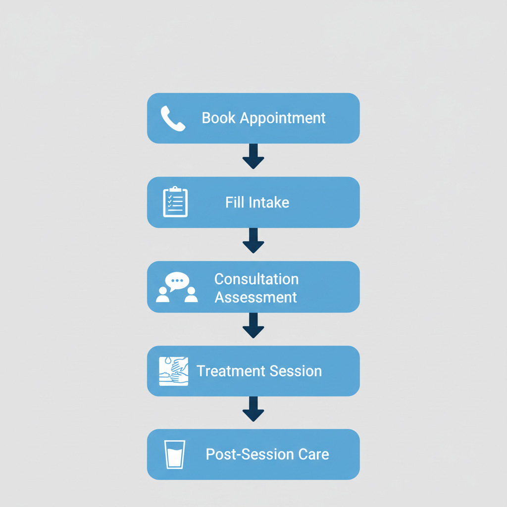 Vertical process flow diagram illustrating the five steps to begin a massage therapy session: booking, intake forms, consultation, treatment, and post-session care with icons.