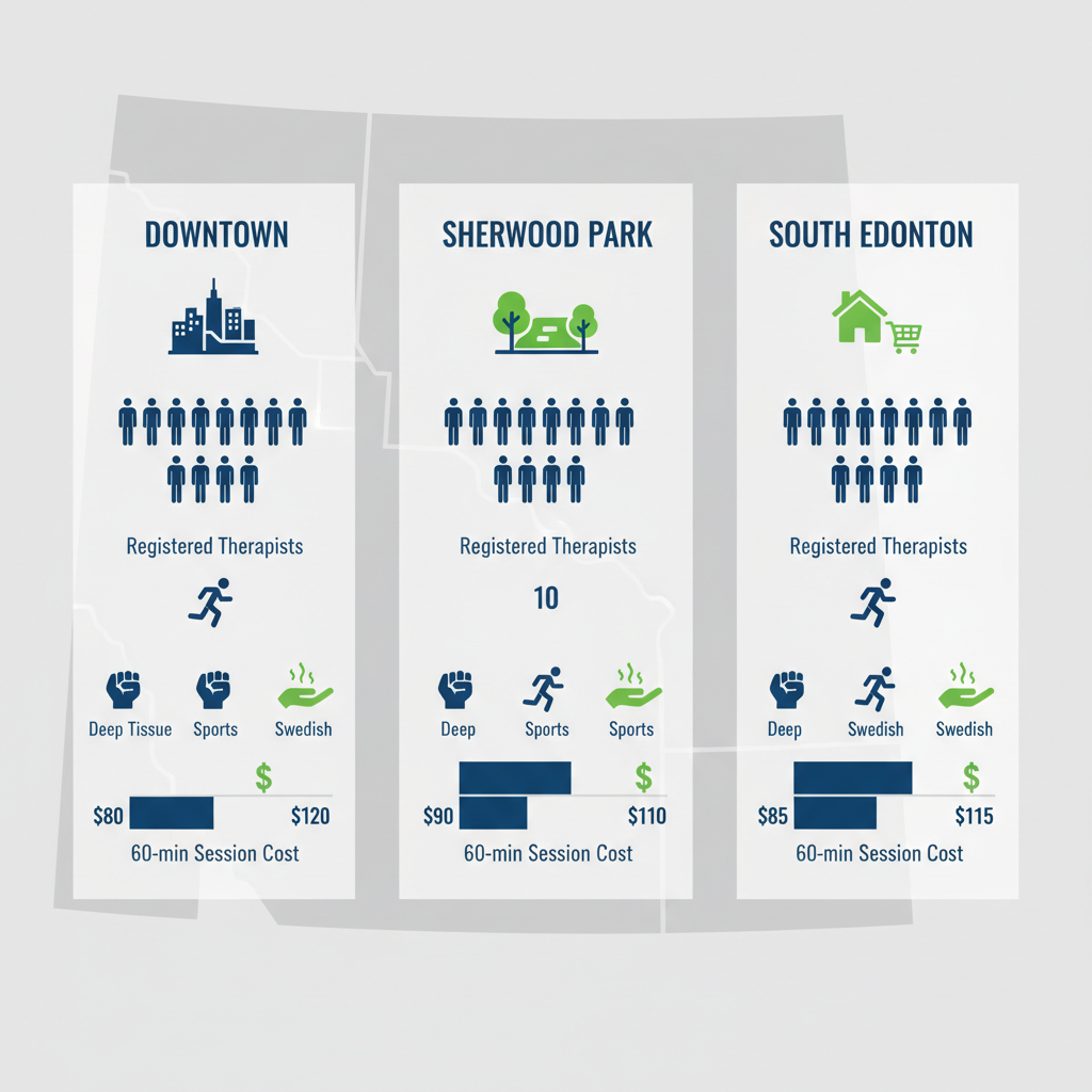 Infographic illustrating massage therapy availability, types, and costs in Edmonton neighborhoods: Downtown, Sherwood Park, and South Edmonton.