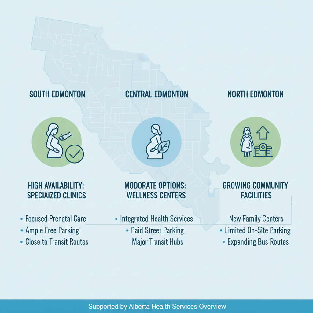 Infographic showing prenatal massage services availability across South, Central, and North Edmonton neighborhoods with accessibility details.