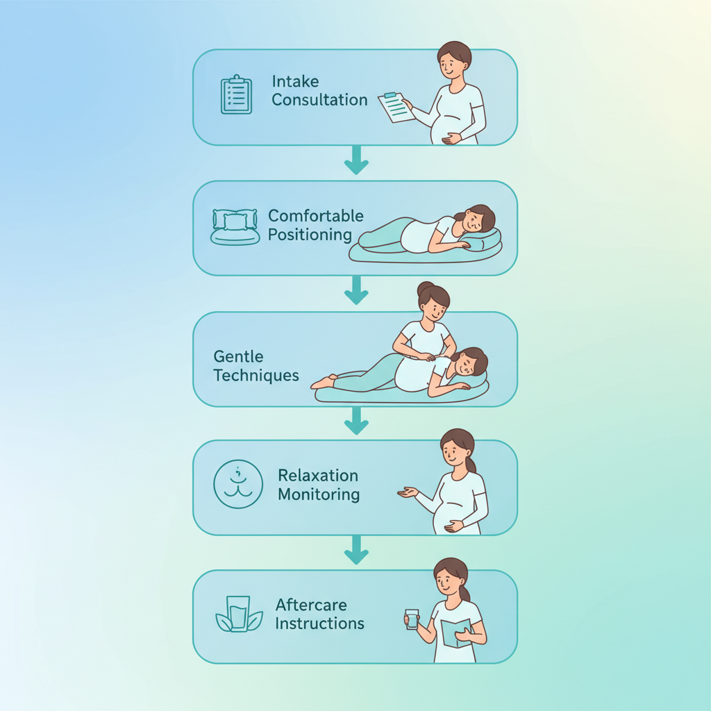Vertical process flow diagram illustrating the five steps of a prenatal massage therapy session