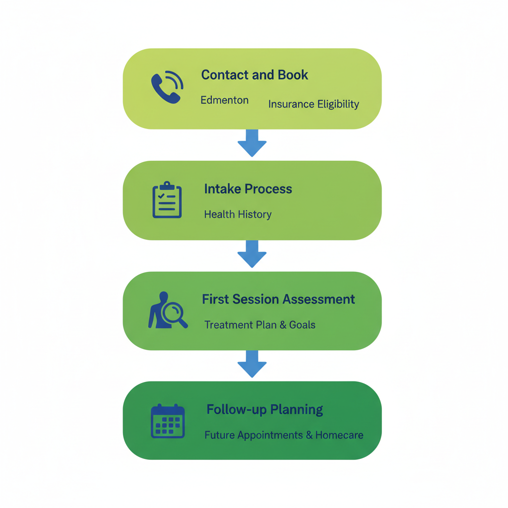 Vertical process flow illustrating steps to start massage therapy in Edmonton with icons and minimal labels