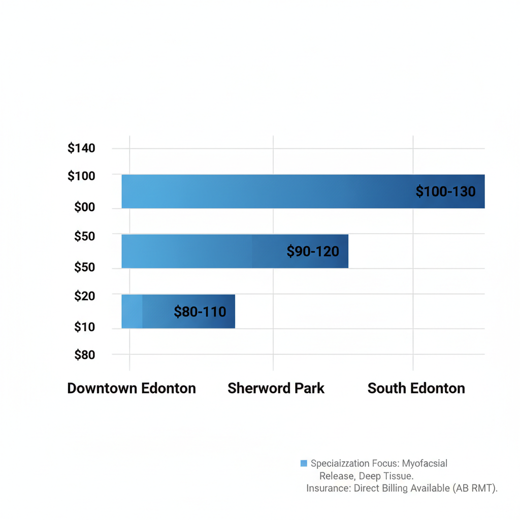 Horizontal bar chart comparing average massage therapy session costs in Edmonton neighborhoods: Downtown, Sherwood Park, and South Edmonton, with costs ranging from $90-120 CAD, including notes on specializations and insurance.