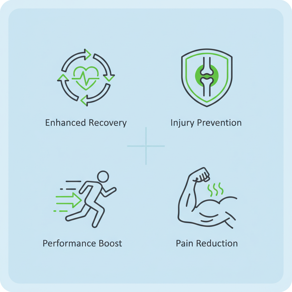 Grid of four icons showing benefits of sports massage: enhanced recovery, injury prevention, performance boost, and pain reduction for athletes.