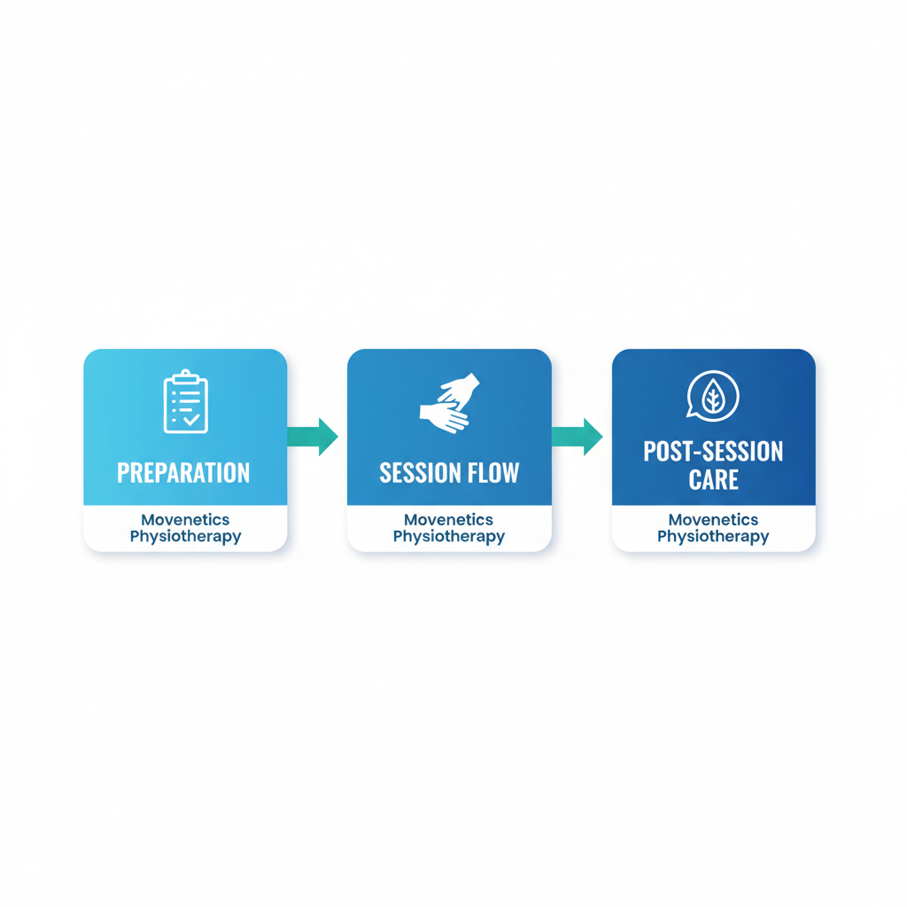 Horizontal process flow diagram showing three stages of a sports massage session: preparation, session flow, and post-session care.