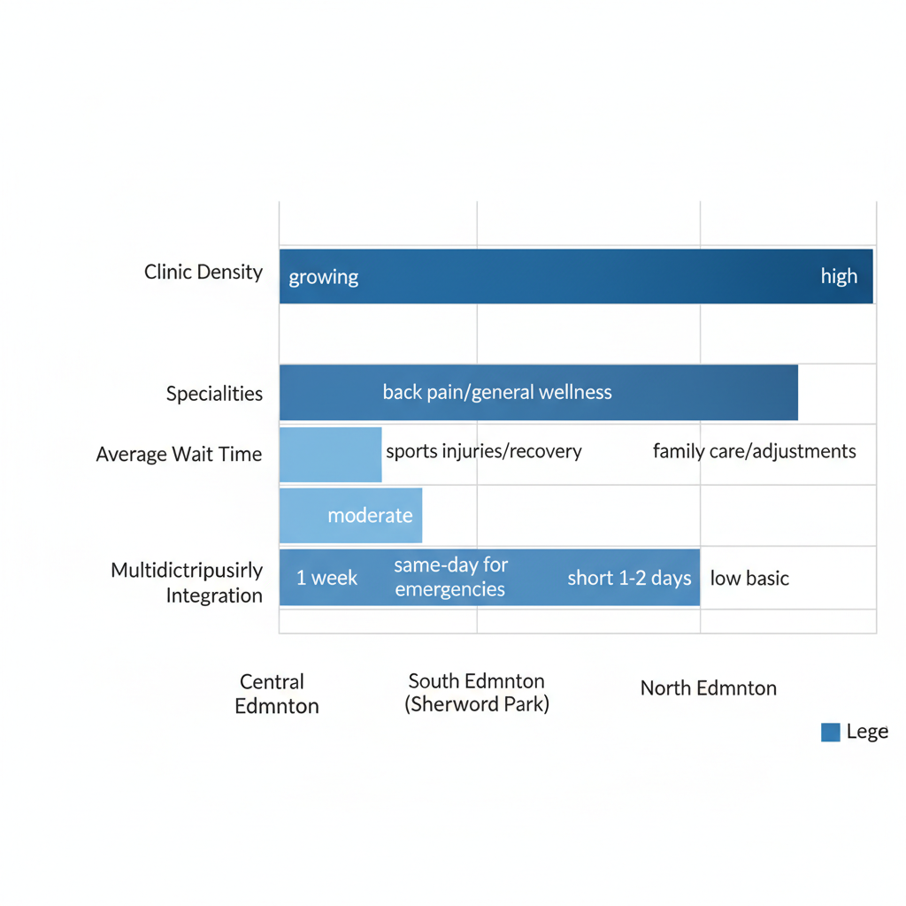 Horizontal bar chart comparing chiropractic clinic density, specialties, wait times, and integration across Edmonton neighborhoods