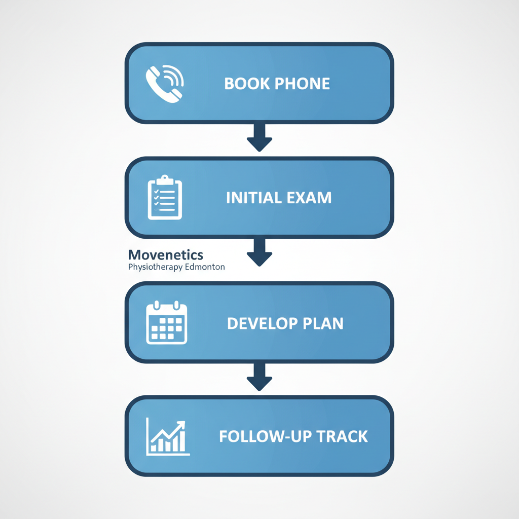 Vertical process flow diagram illustrating the four steps to begin chiropractic care: booking consultation, initial assessment, developing treatment plan, and follow-up sessions.