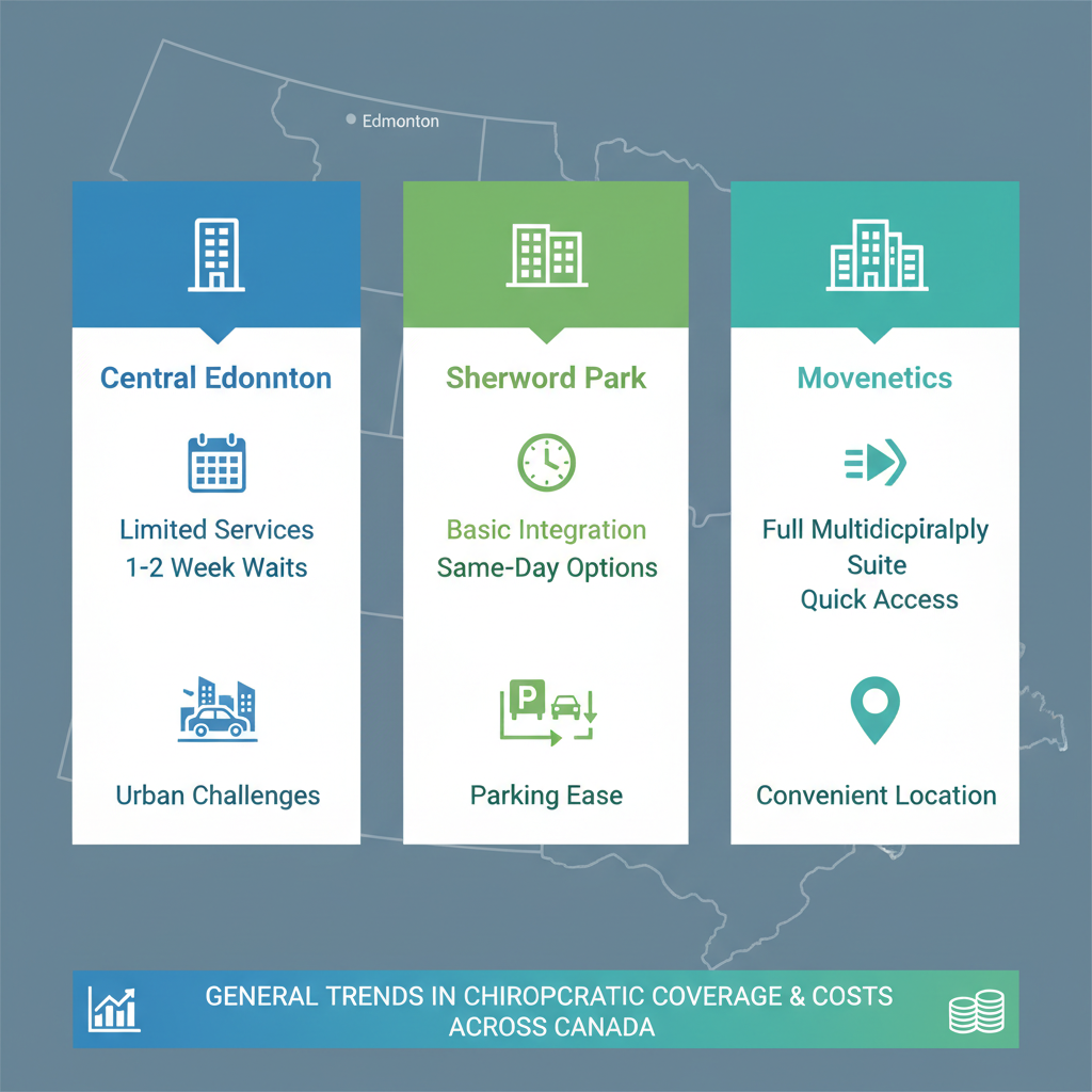 Infographic comparing chiropractic services in Central Edmonton, Sherwood Park, and Movenetics with icons and minimal labels