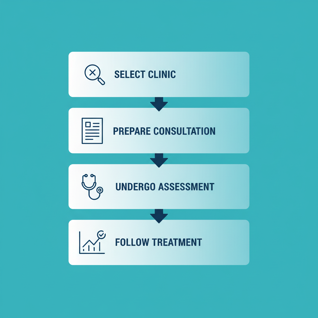 Diagram showing four vertical steps to begin chiropractic care: select clinic with search icon, prepare consultation with document icon, undergo assessment with stethoscope icon, follow treatment with progress chart icon.
