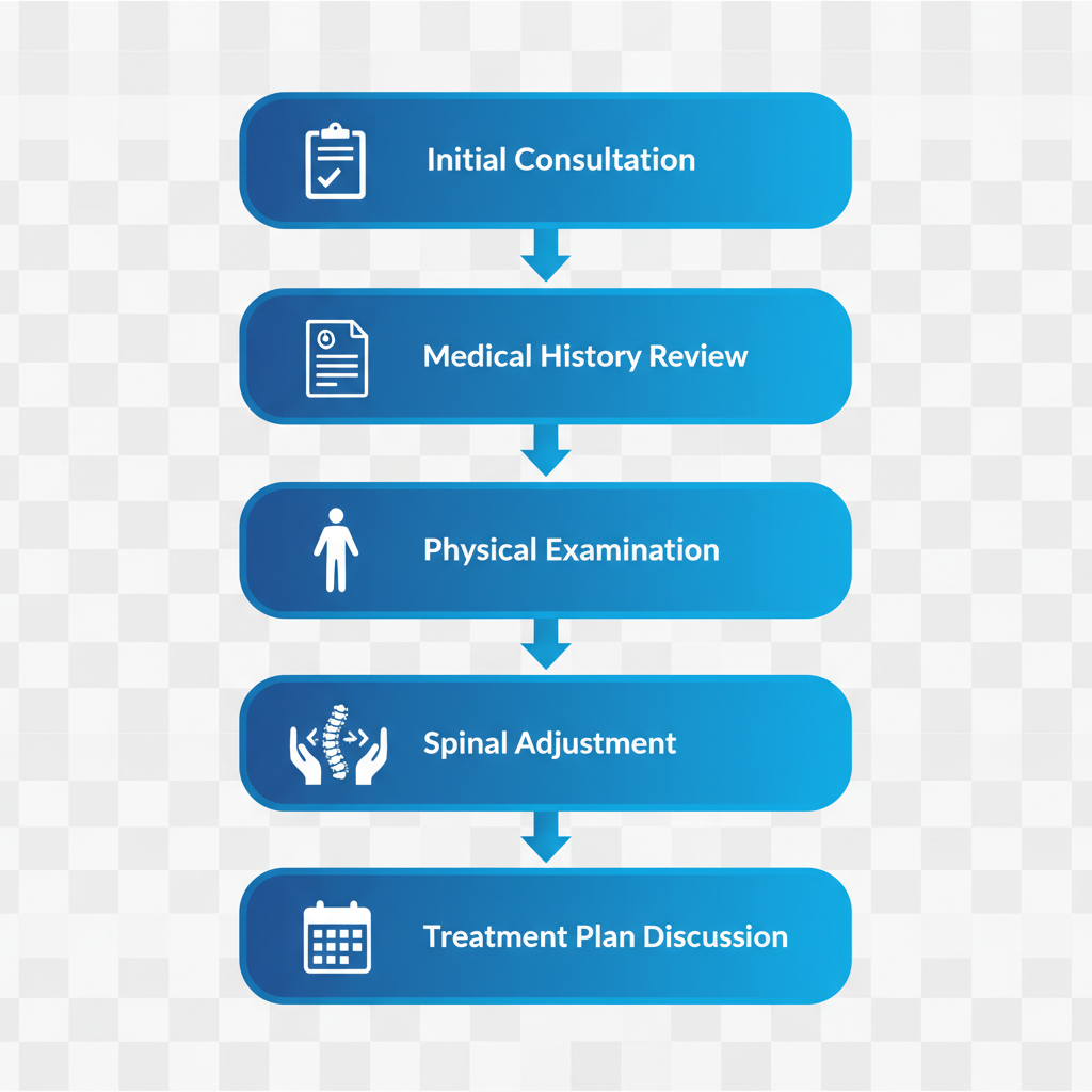 Vertical process flow diagram of a first chiropractic appointment with five stages and icons