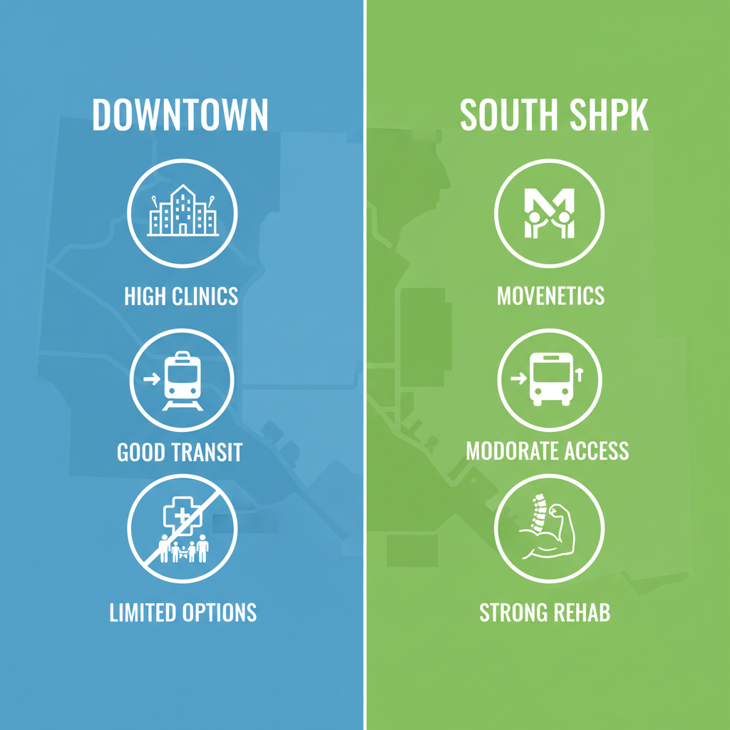 Infographic comparing acupuncture accessibility in Downtown Edmonton and South Edmonton neighborhoods