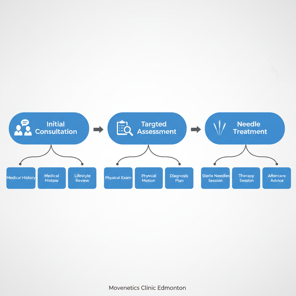 Horizontal process flow diagram illustrating the three stages of beginning acupuncture treatment: consultation, assessment, and treatment with icons and brief labels.