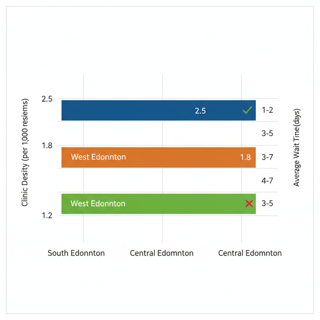 Horizontal bar chart comparing clinic density and wait times for chiropractic services across South, Central, and West Edmonton areas
