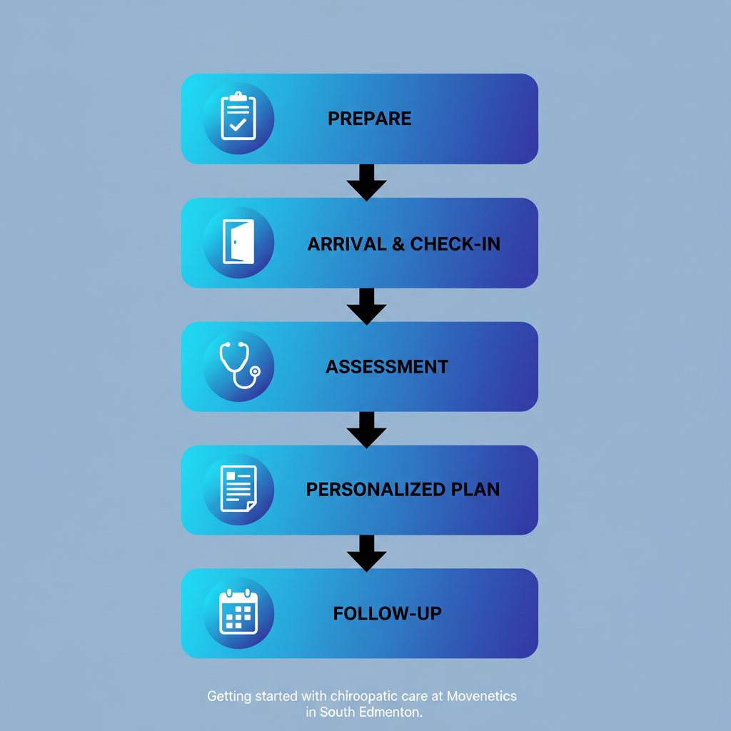 Vertical process flow diagram showing five steps to start chiropractic care: prepare with clipboard, arrival at reception with door, assessment with stethoscope, personalized plan with document, and follow-up with calendar.