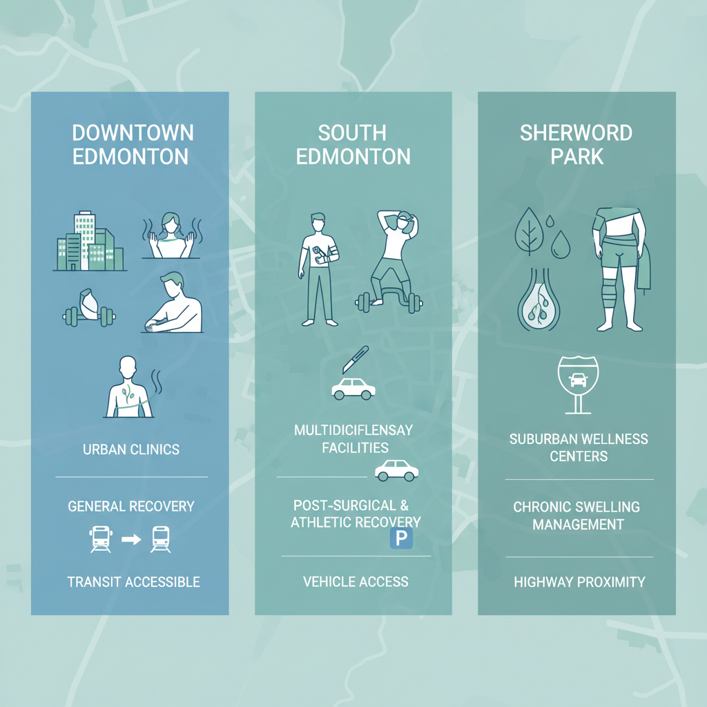 Infographic comparing lymphatic drainage services in Edmonton neighborhoods: Downtown, South, and Sherwood Park.