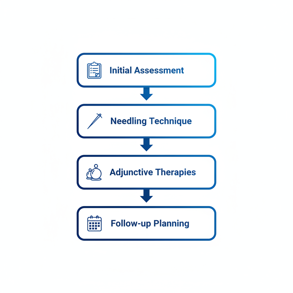 Vertical process flow diagram illustrating four steps of a typical acupuncture session: initial assessment, needling technique, adjunctive therapies, and follow-up planning, with icons and blue gradient boxes.