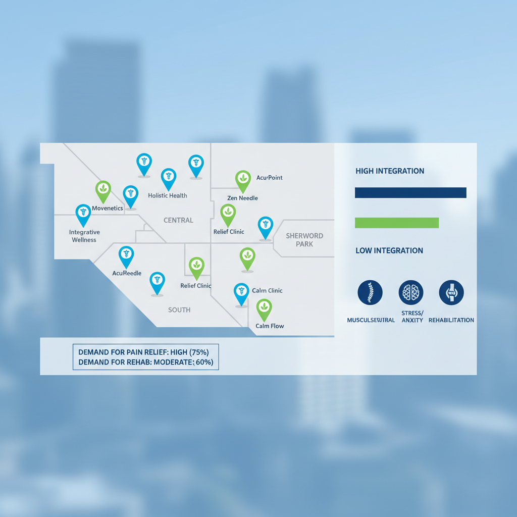Infographic map showing acupuncture clinics distribution across Edmonton areas with color-coded pins and demand statistics.