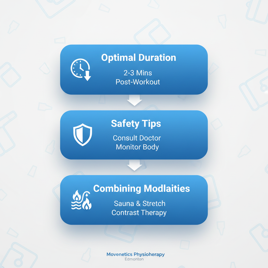 Vertical process flow diagram illustrating best practices for cold plunge sessions, including duration, safety, and integration with other therapies