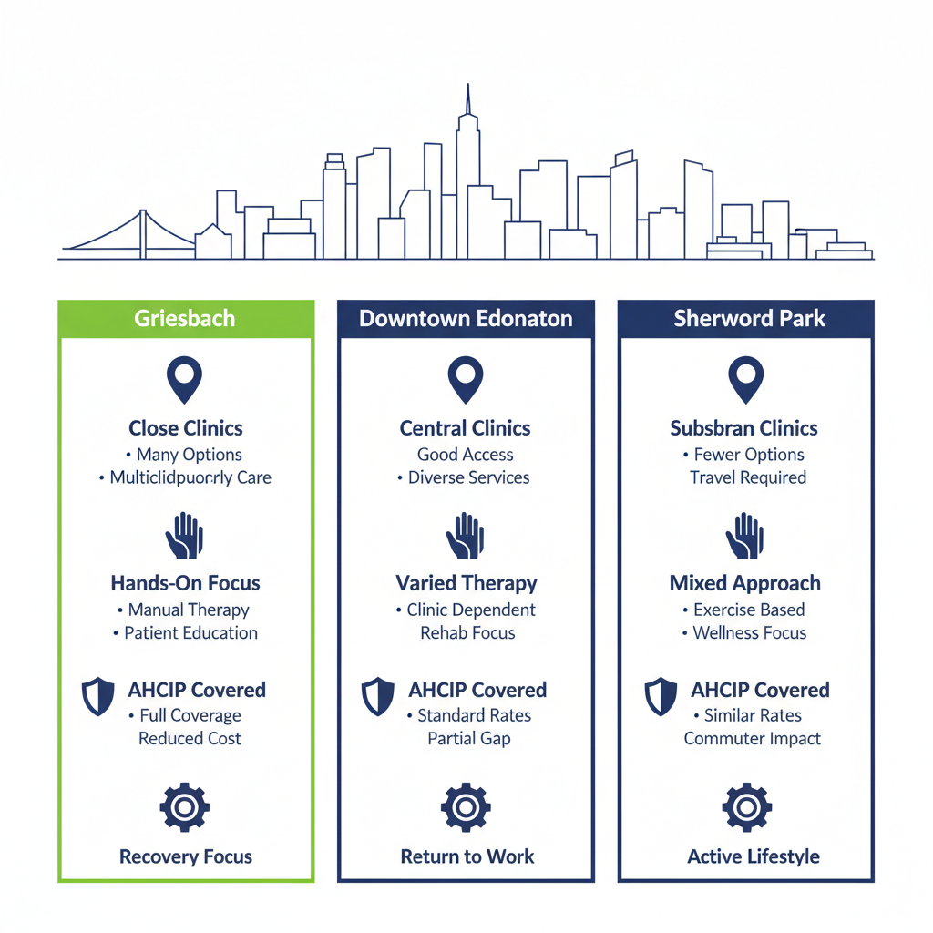 Infographic comparing physiotherapy access across Griesbach, Downtown Edmonton, and Sherwood Park with icons for proximity, therapy focus, recovery, and coverage.