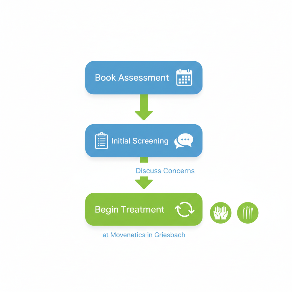 Vertical process flow illustrating four steps to start physiotherapy: book assessment, initial visit and screening, discuss concerns, begin treatment plan with icons