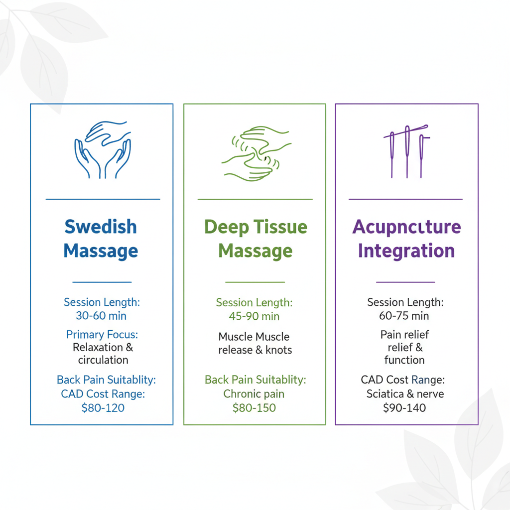Infographic comparing Swedish Massage, Deep Tissue Massage, and Acupuncture Integration in Sherwood Park with details on session length, focus, back pain suitability, and costs.
