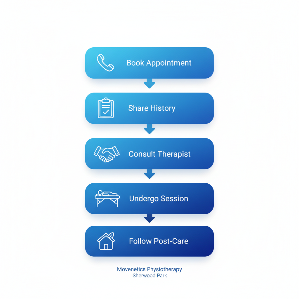 Vertical process flow diagram illustrating the five steps to start massage therapy including booking, preparation, consultation, session, and post-care instructions