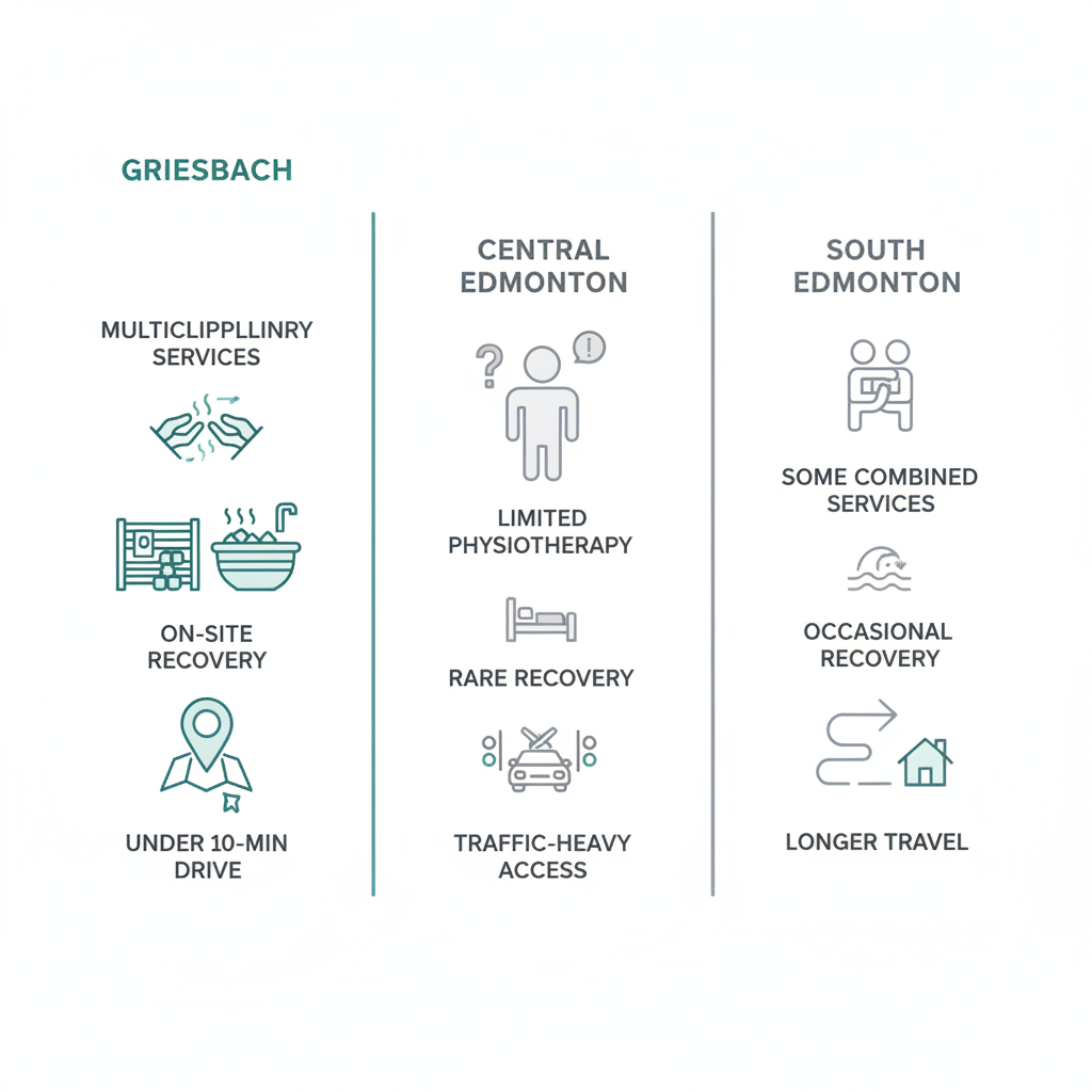 Infographic comparing physiotherapy access and services in Griesbach versus central and south Edmonton areas