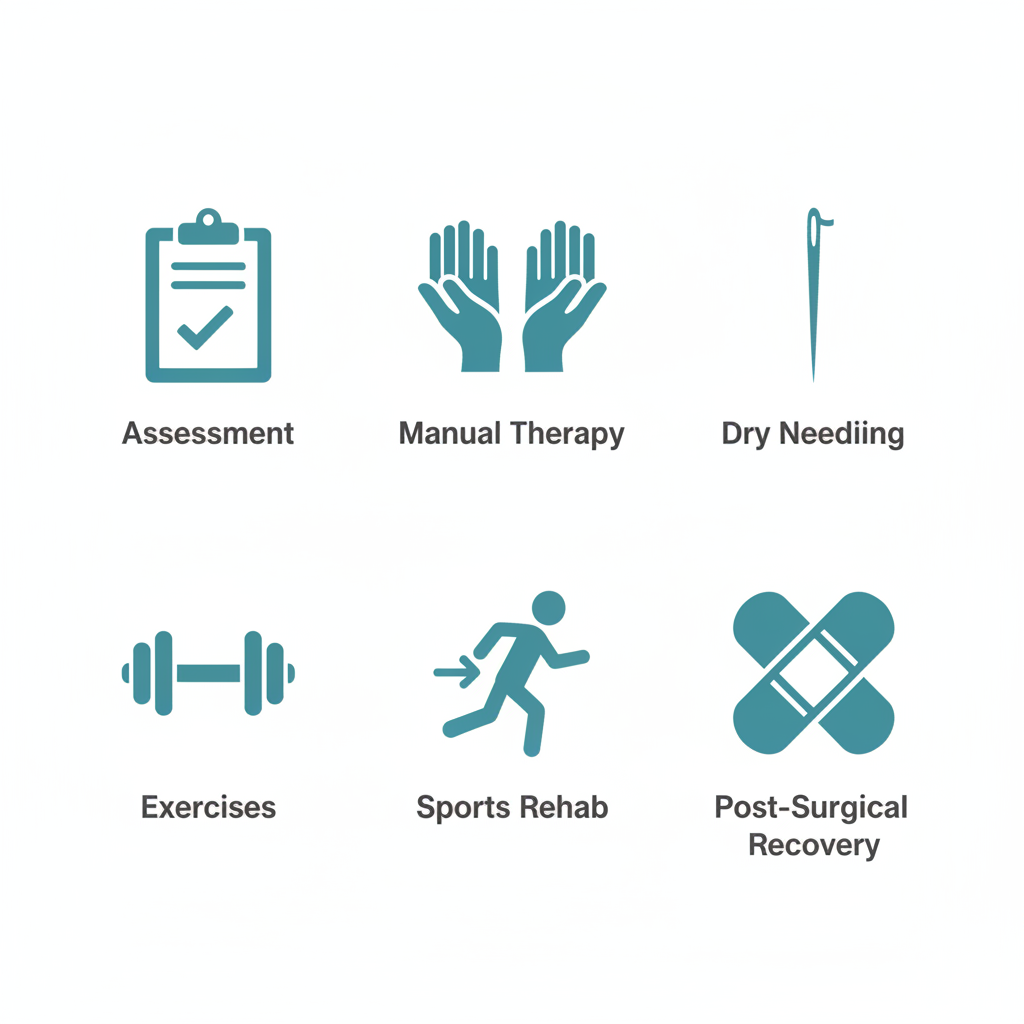 Square grid of icons depicting physiotherapy services: assessment with clipboard, manual therapy with hands, dry needling with needle, exercises with dumbbell, sports rehab with running figure, post-surgical with bandage.