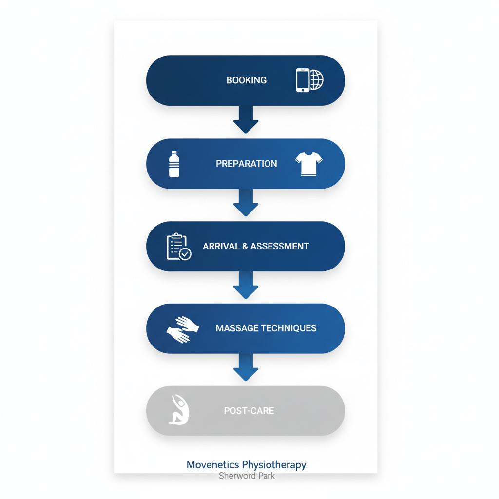 Vertical process flow diagram illustrating the five key stages for preparing for and completing a sports massage session