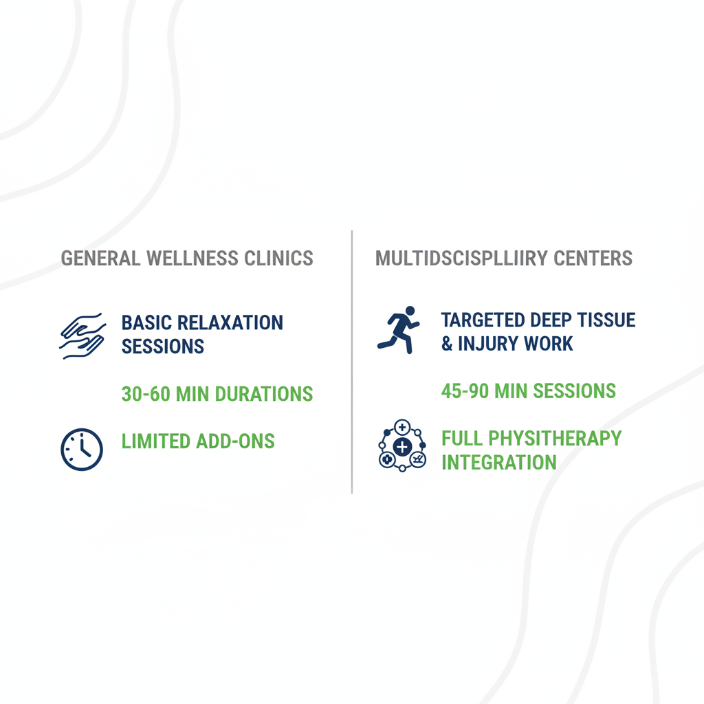 Infographic comparing general wellness massage and multidisciplinary sports massage options in Sherwood Park clinics