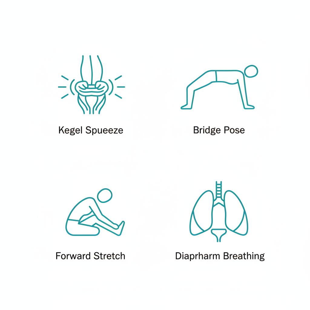 Icons depicting Kegel exercise, bridge pose, seated stretch, and breathing technique for pelvic floor rehabilitation.