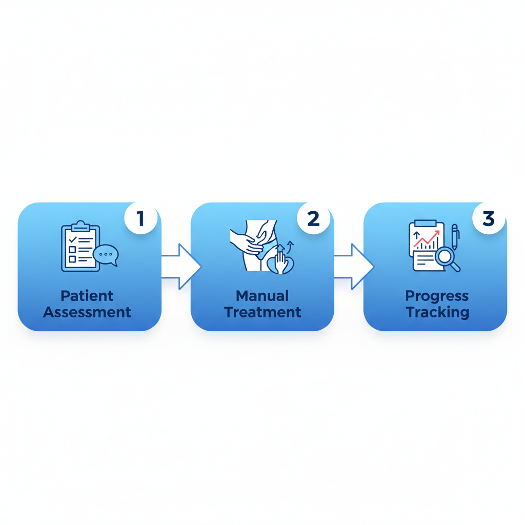 Horizontal process flow diagram illustrating three key stages of pelvic floor physiotherapy: assessment, treatment, and progress tracking