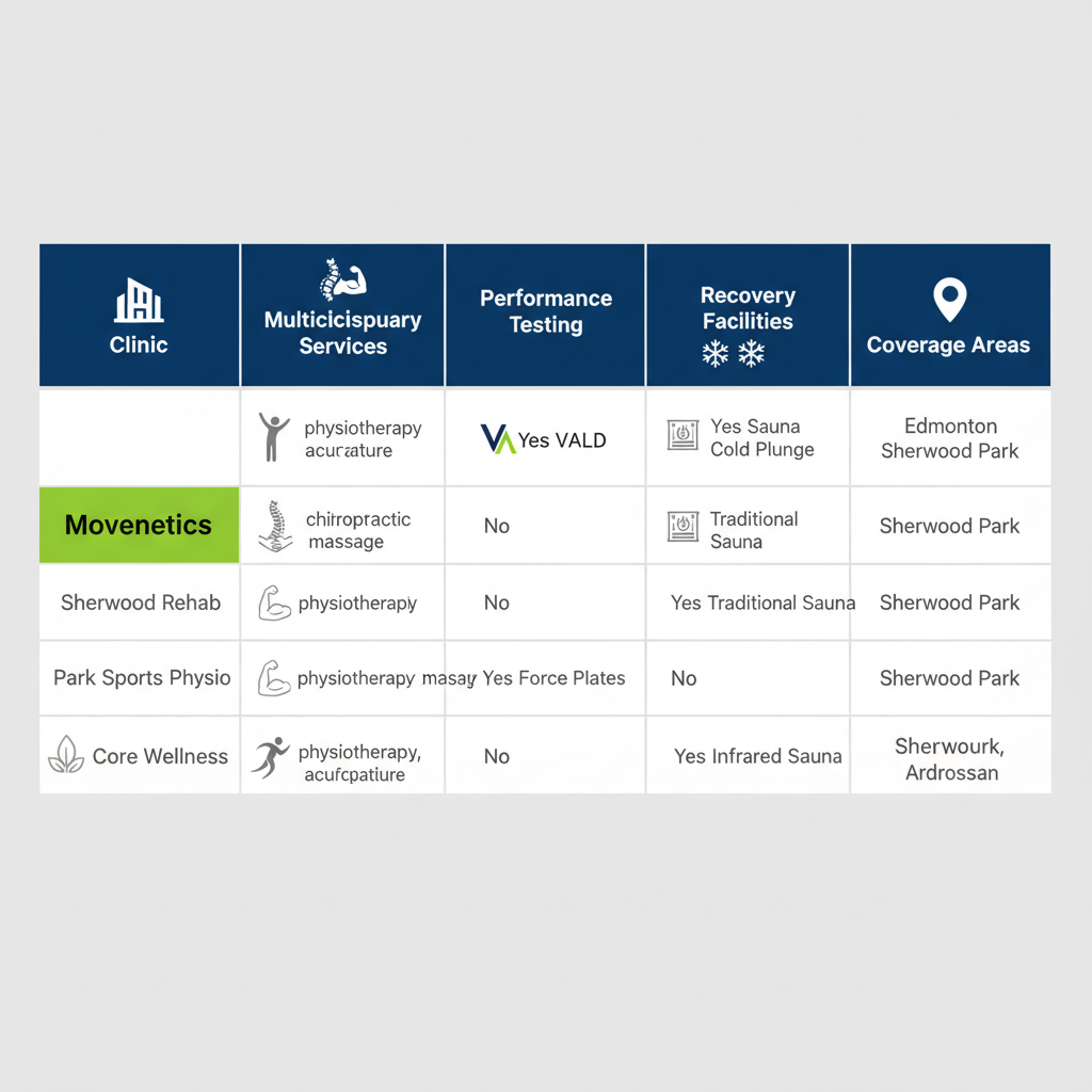 Infographic table comparing features of physiotherapy clinics in Sherwood Park, highlighting Movenetics multidisciplinary services and facilities