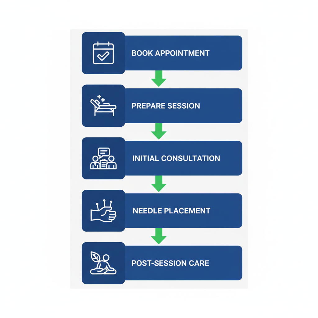 Vertical process flow diagram illustrating the five steps to begin acupuncture treatment: booking, preparation, consultation, needle placement, and post-session care.