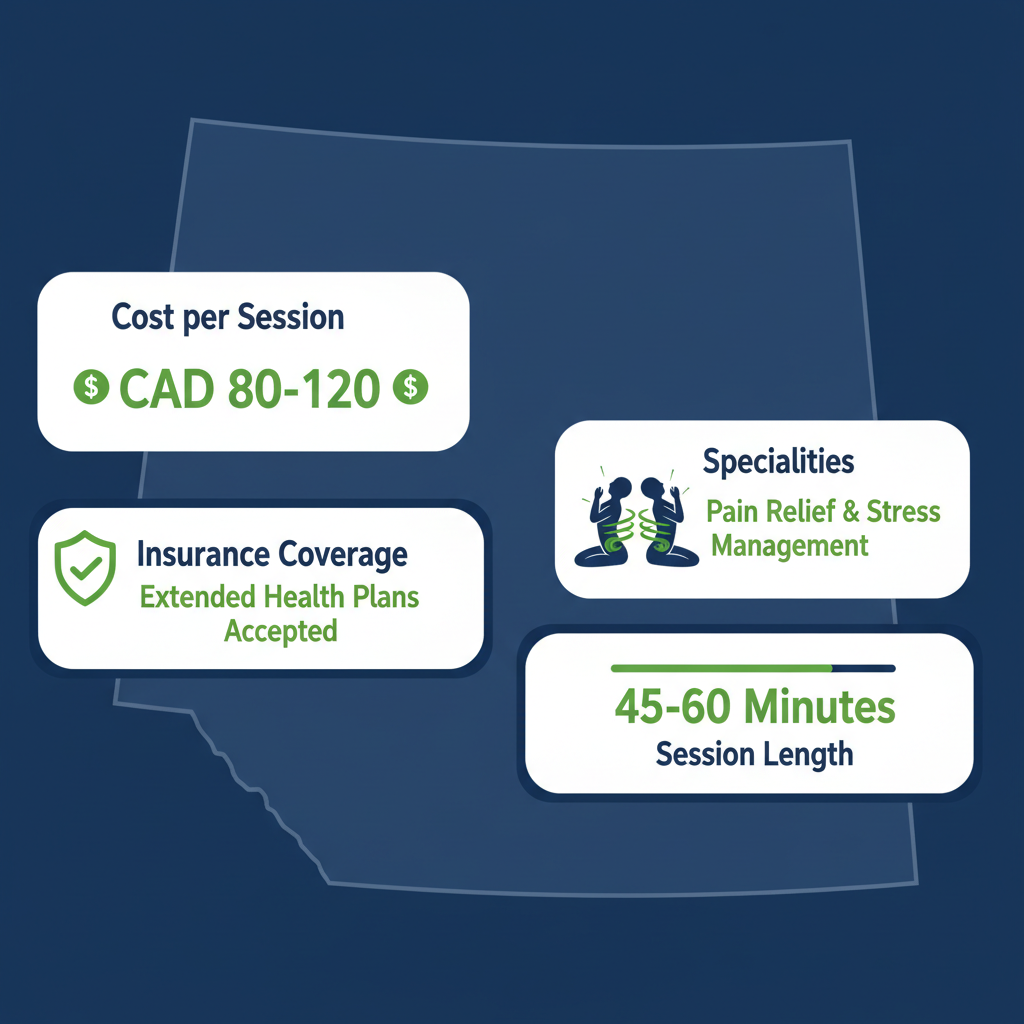 Infographic depicting key acupuncture clinic features in Sherwood Park: costs, insurance, specialties, and session durations with icons.