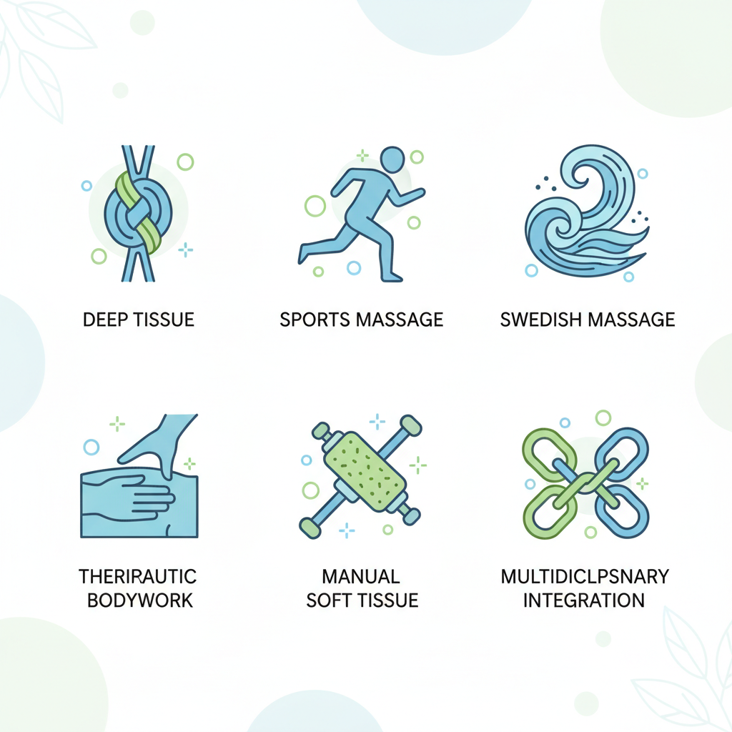 Grid of six flat icons illustrating different types of massage therapy including deep tissue, sports, Swedish, therapeutic, manual soft tissue, and multidisciplinary integration.