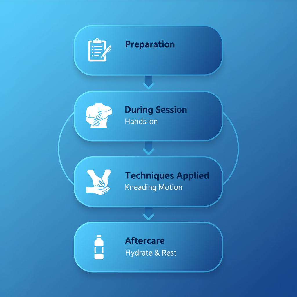 Vertical process flow diagram showing four stages of a massage therapy session with icons and minimal labels