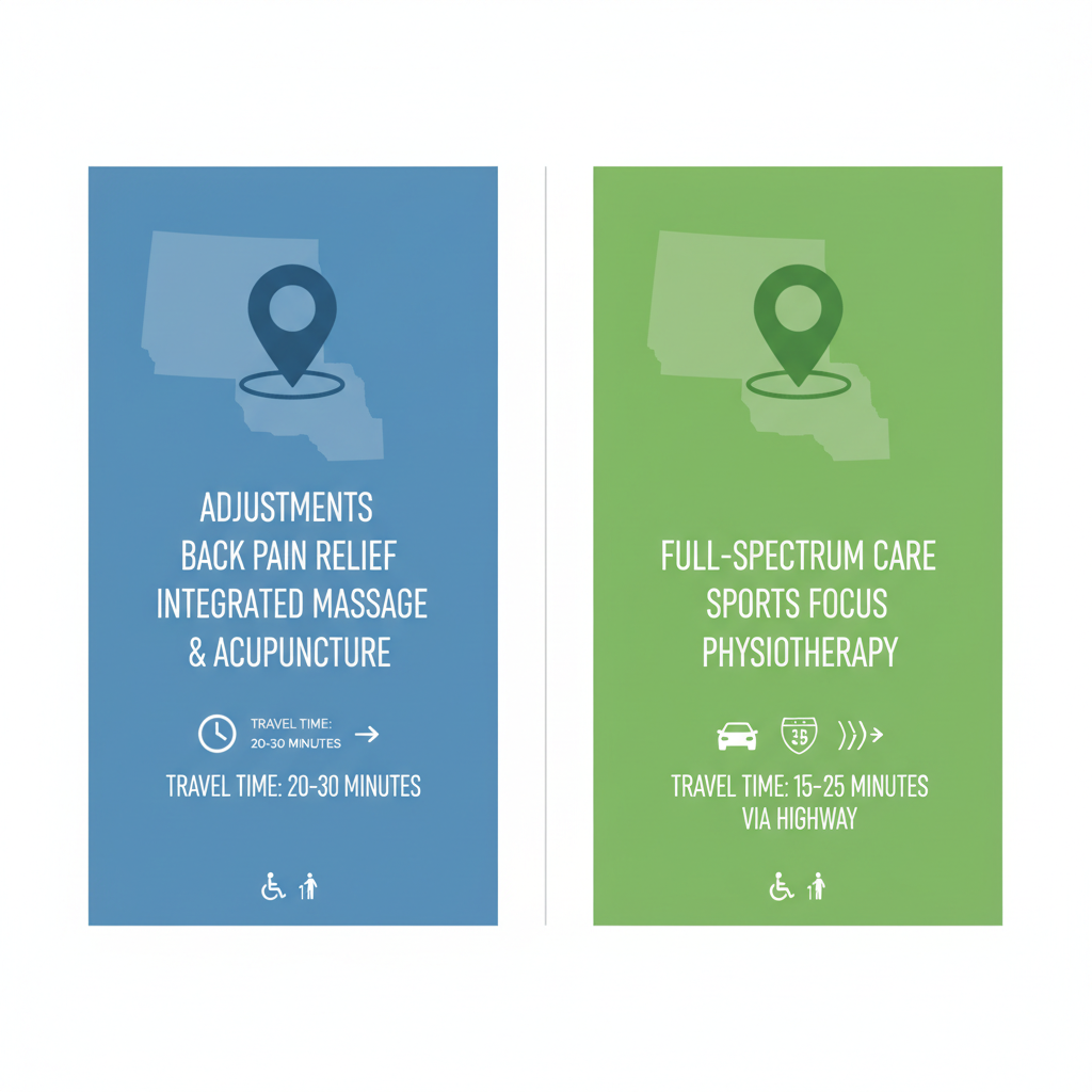 Infographic comparing chiropractic services locations and offerings in Sherwood Park and South Edmonton areas, including travel times and integrated therapies.