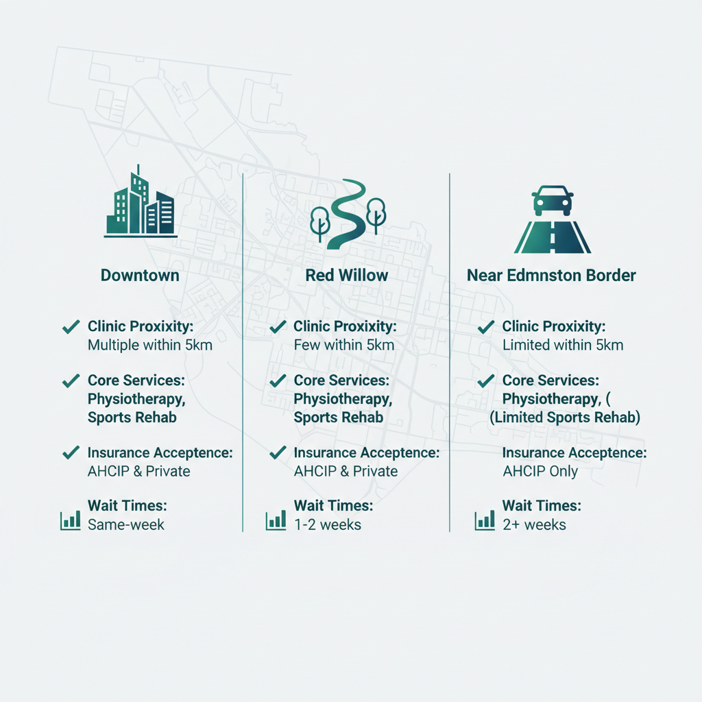 Infographic comparing physiotherapy access and services in St. Albert neighborhoods including clinic proximity, core services, insurance, and wait times