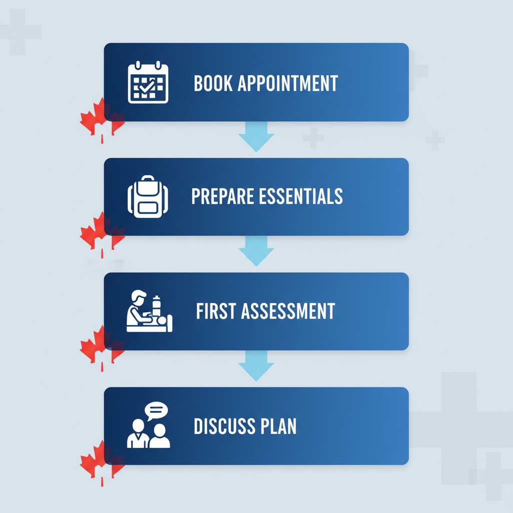 Vertical process flow diagram illustrating the steps to start physiotherapy: booking, preparation, initial appointment, and treatment planning.