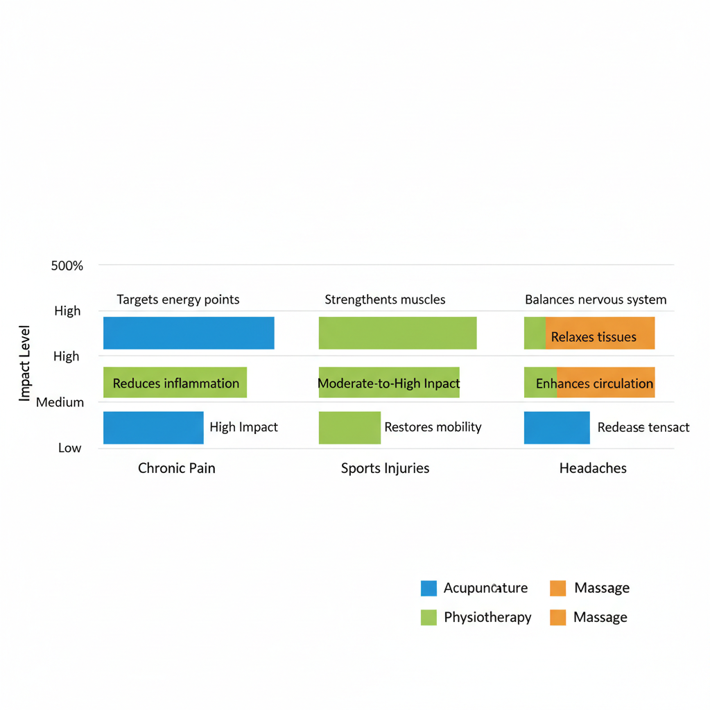 Horizontal bar chart comparing benefits of acupuncture, physiotherapy, and massage therapy for chronic pain, sports injuries, and headaches in integrative wellness context.
