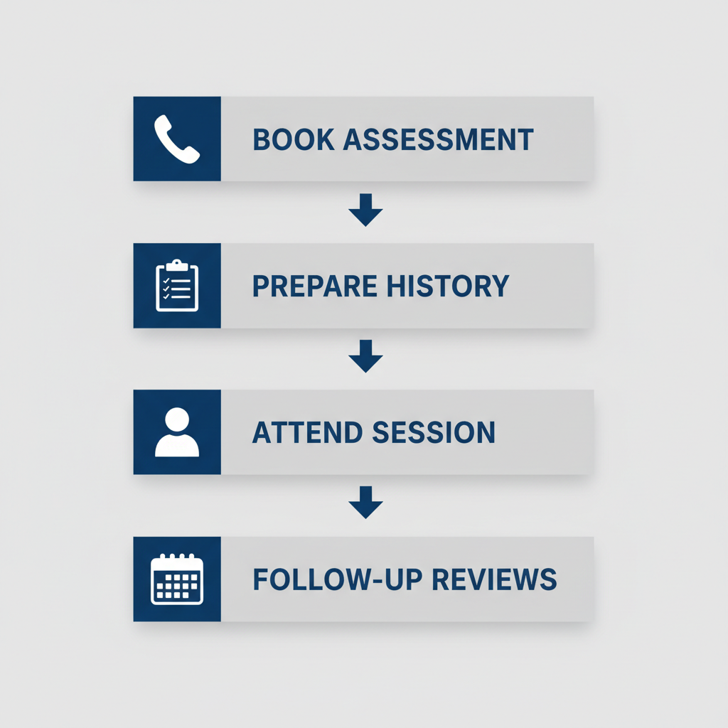 Vertical process flow diagram illustrating four steps to start acupuncture treatment: booking, preparation, attending session, and follow-up.